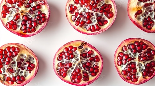 top-down view of halved pomegranates with visible seeds balanced natural lighting