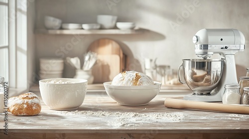 Sunlit kitchen counter with bowls of bread dough, a stand mixer, and rolling pin; flour dusting the surface.