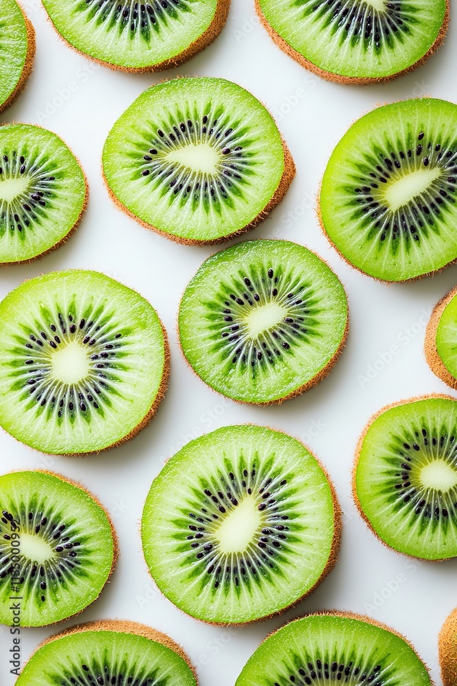 Fototapeta premium top-down view of juicy kiwi slices displayed in pattern soft studio lighting