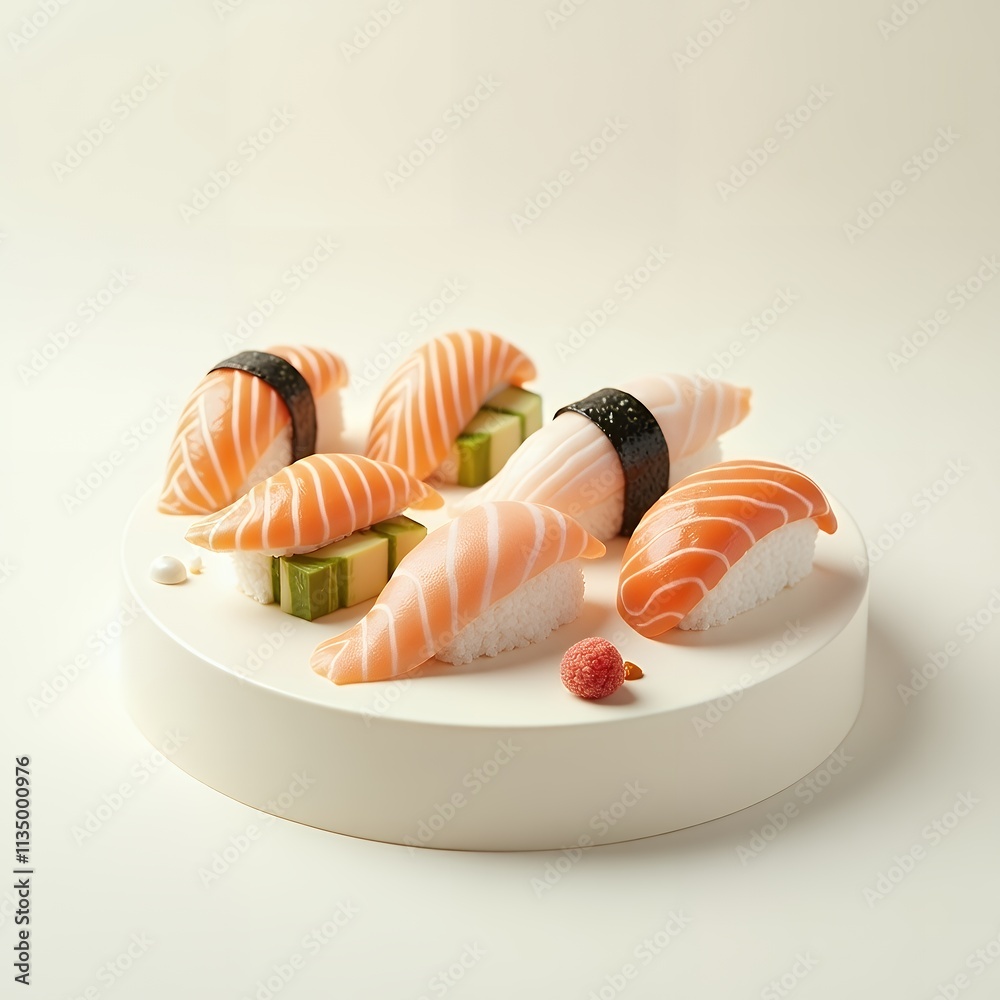 A plate of sushi featuring salmon nigiri and cucumber. A plate of sushi featuring salmon nigiri and cucumber.