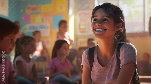 Happy Students and Teacher in Classroom at School

 photo