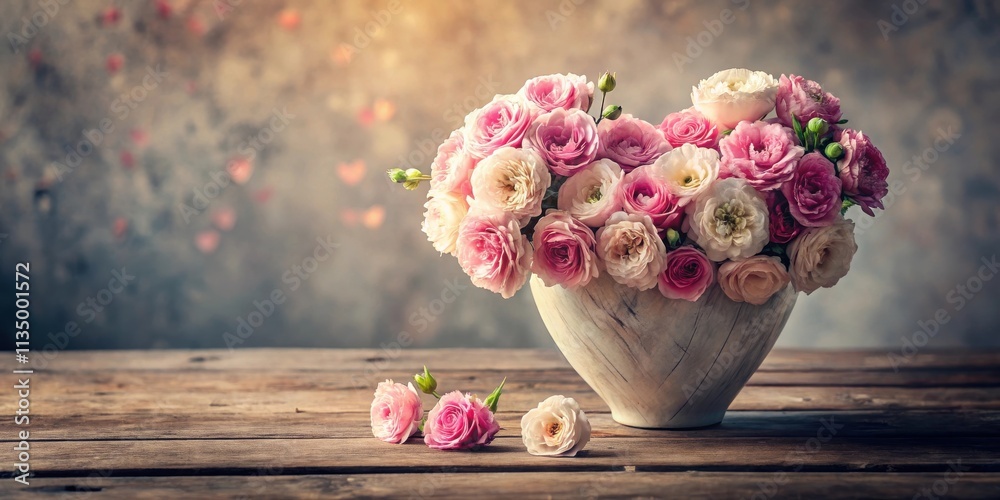 A Delicate Arrangement of Pink and White Roses in a Rustic White Vase on a Weathered Wooden Table A Delicate Arrangement of Pink and White Roses in a Rustic White Vase on a Weathered Wooden Table