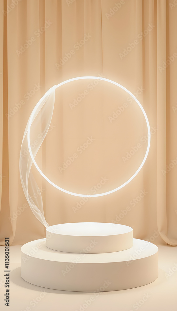 Minimal Podium with Neon Ring Light, Sheer Fabric Backdrop.
Minimal Podium with Neon Ring Light, Sheer Fabric Backdrop.