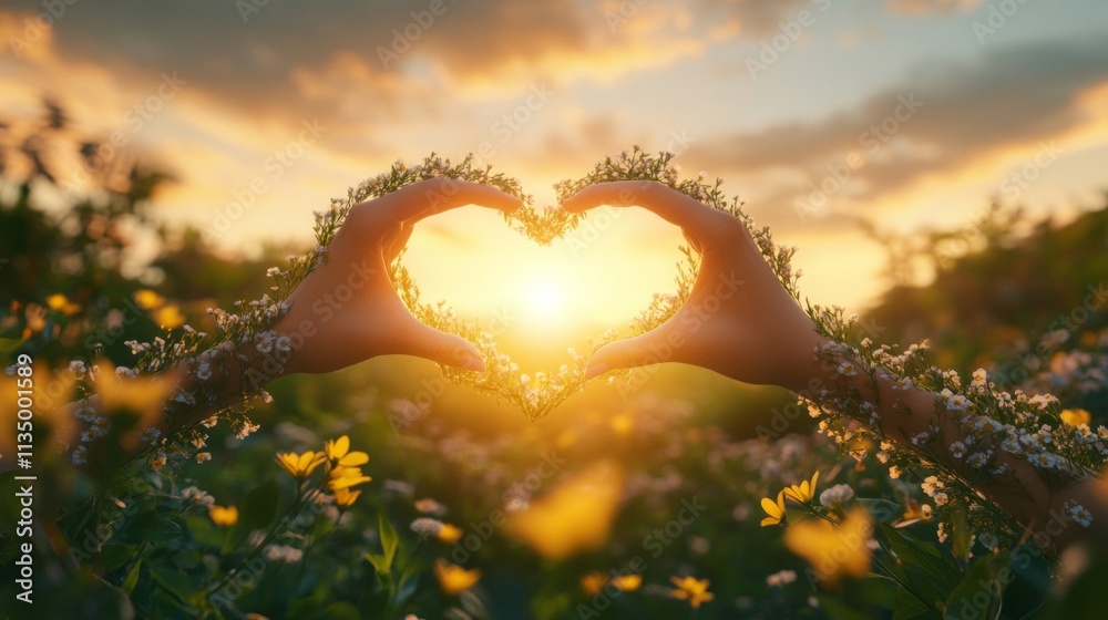Fototapeta premium Hands Forming Heart Shape With Flowers At Sunset