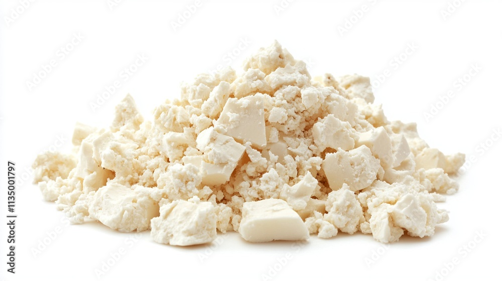 A block of crumbled white feta cheese isolated on a white background, perfect for illustrating fresh ingredients in culinary presentations and food recipes. A block of crumbled white feta cheese isolated on a white background, perfect for illustrating fresh ingredients in culinary presentations and food recipes.