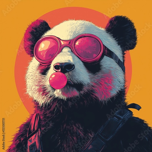 portrait of panda blowing bubble gum, wearing neon goggle