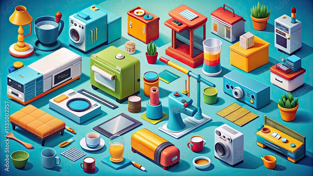 Obraz premium Isometric Icons Set of Household Appliances for Home Decor, Kitchen Gadgets, and Cleaning Tools in Macro Photography Style