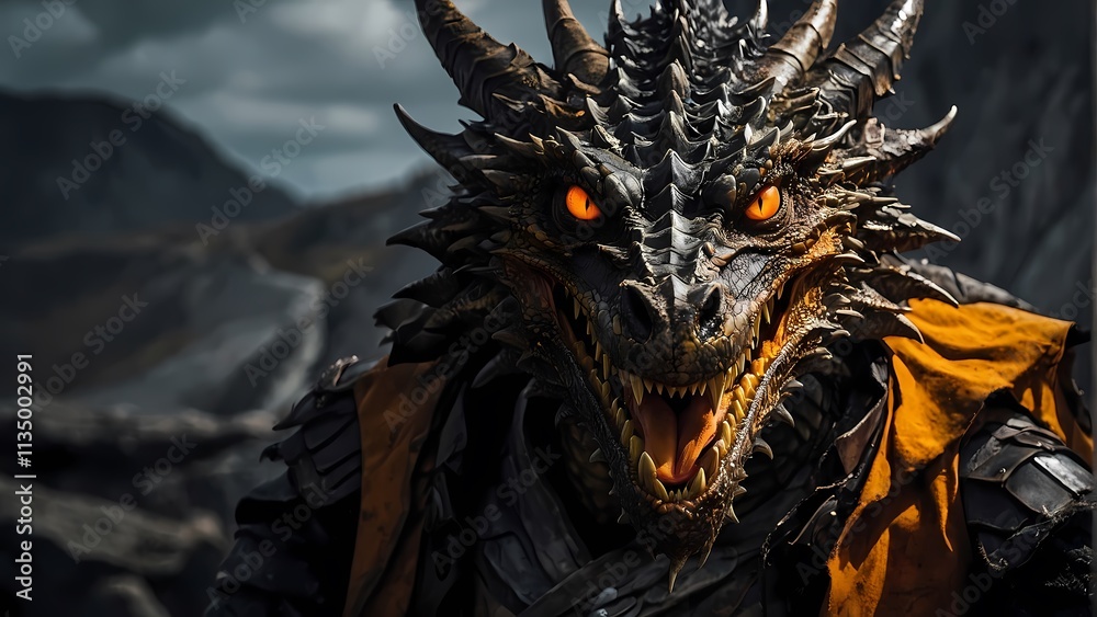 Dragon's Fury: A majestic black dragon, eyes blazing with fiery orange intensity, dominates the frame. Its armored visage and ominous presence evoke a sense of power and mythical might. Dragon's Fury: A majestic black dragon, eyes blazing with fiery orange intensity, dominates the frame. Its armored visage and ominous presence evoke a sense of power and mythical might.