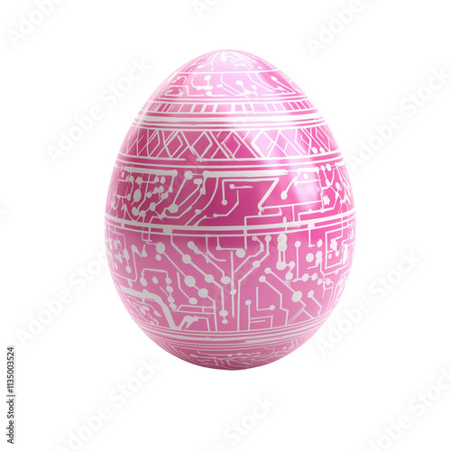 A pink egg decorated with intricate circuit patterns, blending traditional design with a modern technological aesthetic isolated on white background photo