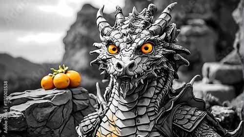 Dragon with Fruit: A close-up of a majestic dragon with piercing orange eyes, perched amidst a rugged mountainous terrain. The dragon is rendered in a captivating black and white aesthetic. photo