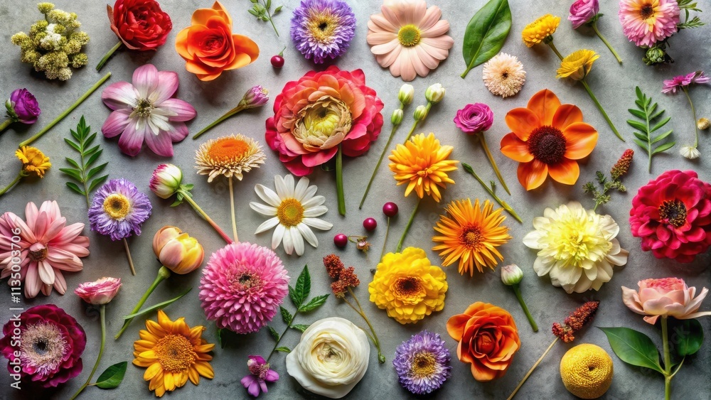 A Vibrant Collection of Colorful Blooms Arranged in a Symmetrical Pattern, Creating a Stunning Floral Display A Vibrant Collection of Colorful Blooms Arranged in a Symmetrical Pattern, Creating a Stunning Floral Display