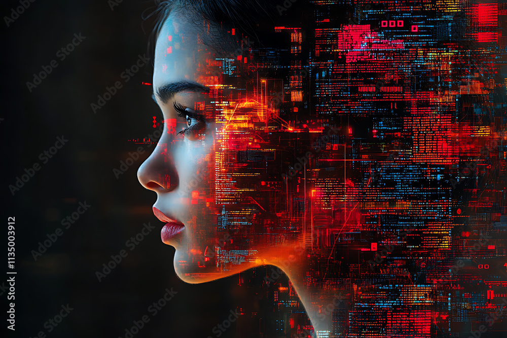 A striking image of a person blended with computer code, presented in a vivid pop art style A striking image of a person blended with computer code, presented in a vivid pop art style