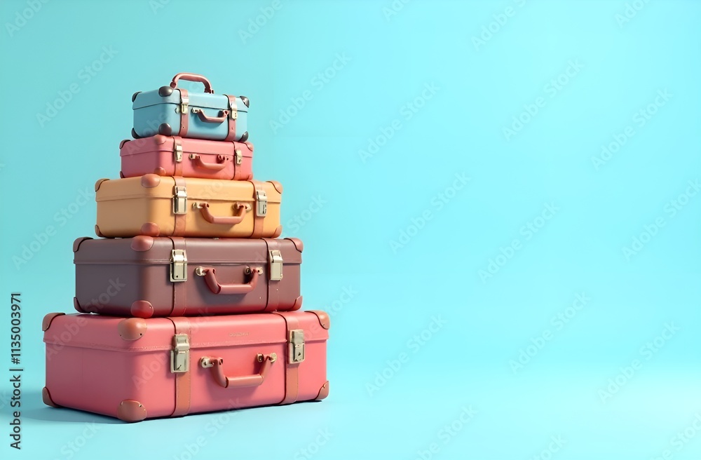 Obraz premium Stacked ravel suitcases on light blue background. Copy space.