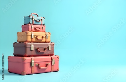 Stacked ravel suitcases on light blue background. Copy space.