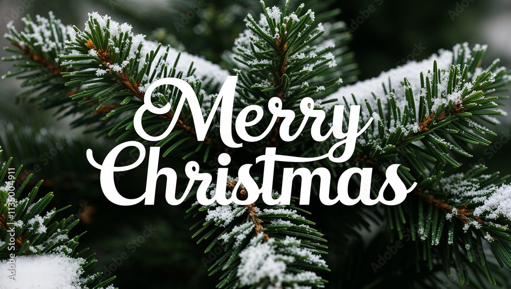 Merry christmas text over snowy pine branches conveys holiday spirit Merry christmas text over snowy pine branches conveys holiday spirit