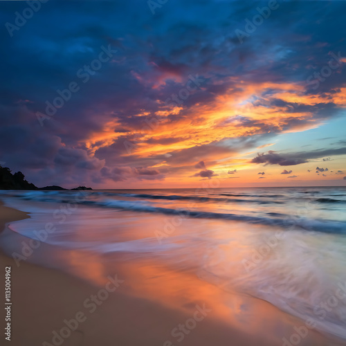 Breathtaking Sunset with Pink Orchids on a Tranquil Beach