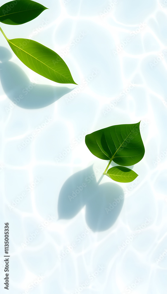 Obraz premium Transparent and clean white water and one green leaf background sunlight reflection, top view beauty backdrop, mock up, hyperrealism
