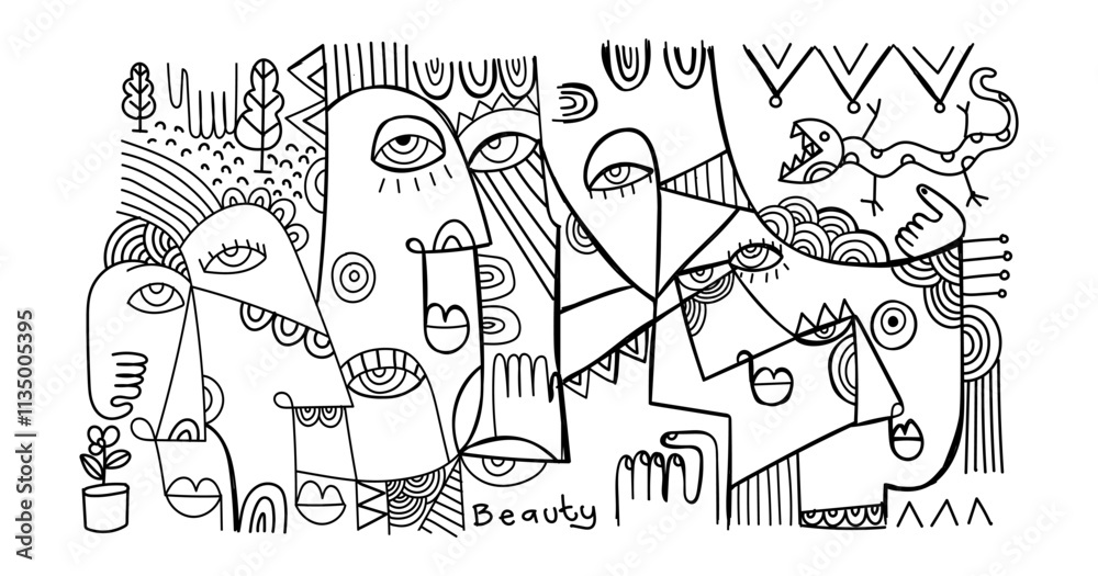 Obraz premium abstract hand drawing face portrait geometric decorative doodle outlines vector illustration. Line art black and white aesthetic design for wall art, prints, cards, decoration, banner and background.