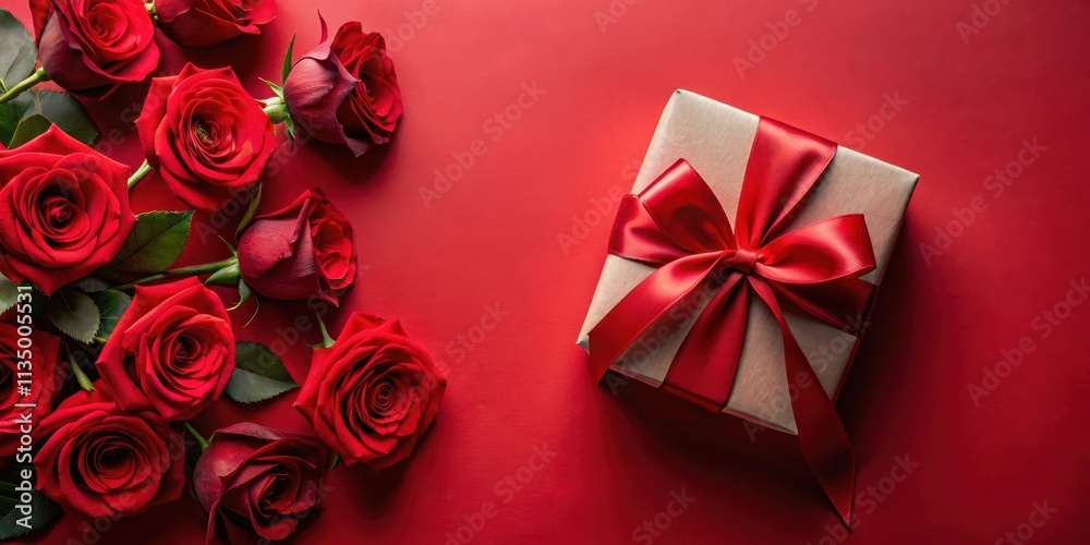 A Gift Wrapped in Red Ribbon Surrounded by Lush Red Roses on a Vibrant Red Background A Gift Wrapped in Red Ribbon Surrounded by Lush Red Roses on a Vibrant Red Background