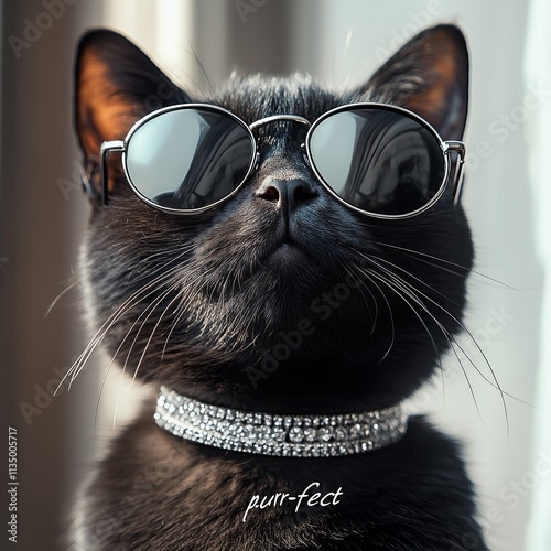 A photorealistic black cat looking forward wearing silver designer sunglasses and silver sparkling jewellery against a white background text