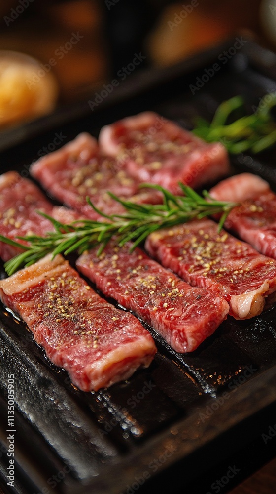 Japanese restaurant serving wagyu meat on a dish at a Korean barbecue table Japanese restaurant serving wagyu meat on a dish at a Korean barbecue table