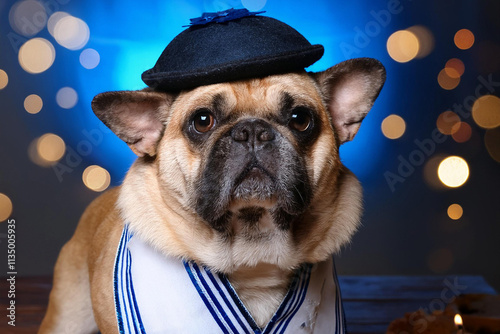 Perro, vestido para la fiesta judía de Hanukkah con tallit y kipá photo