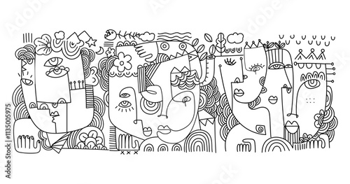 abstract hand drawing face portrait geometric decorative doodle outlines vector illustration. Line art black and white aesthetic design for wall art, prints, cards, decoration, banner and background.