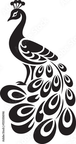 A black silhouette of a stylized peacock with an elegant and decorative design