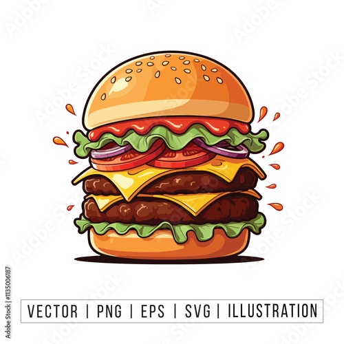 Juicy Cheeseburger with Toppings - Delicious Burger Illustration