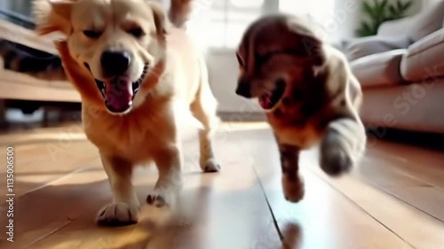 Capture the chaotic energy of pets experiencing the zoomies, running wildly around the house