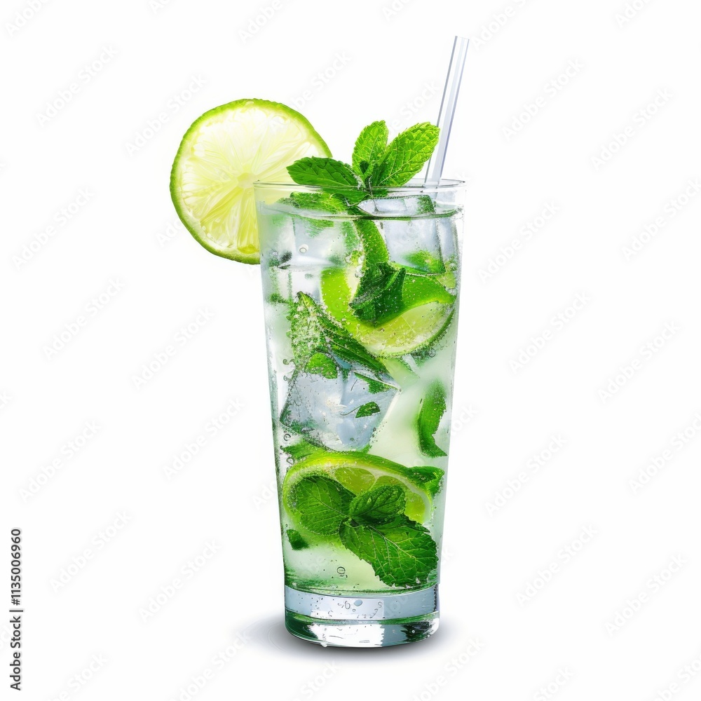 A refreshing mojito in a tall glass, garnished with lime slices and mint leaves, ice cubes glistening A refreshing mojito in a tall glass, garnished with lime slices and mint leaves, ice cubes glistening