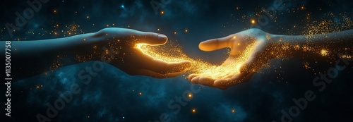 A dreamy, dark blue background with two hands exchanging a bright yellow stream of magical energy