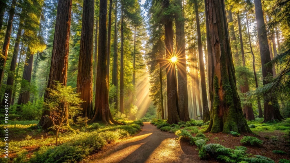 Obraz premium Majestic Redwood Forest California: Giant Trees, Sunlight Dappled, Lush Green Canopy, Hiking Trail, Nature Photography