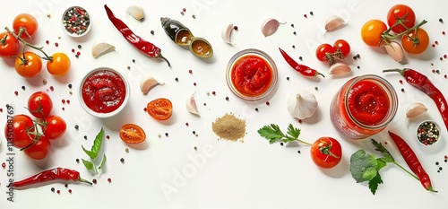 Stylistic shot of tomato sauce, ketchup, and sauces in jars surrounded by vegetables on a white background with copy space. On the right side, there is an array of spices, tomato ketchup and mustard photo