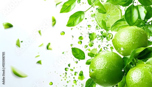 Limes flying on a white background, Lime Juice drops everywhere.  photo