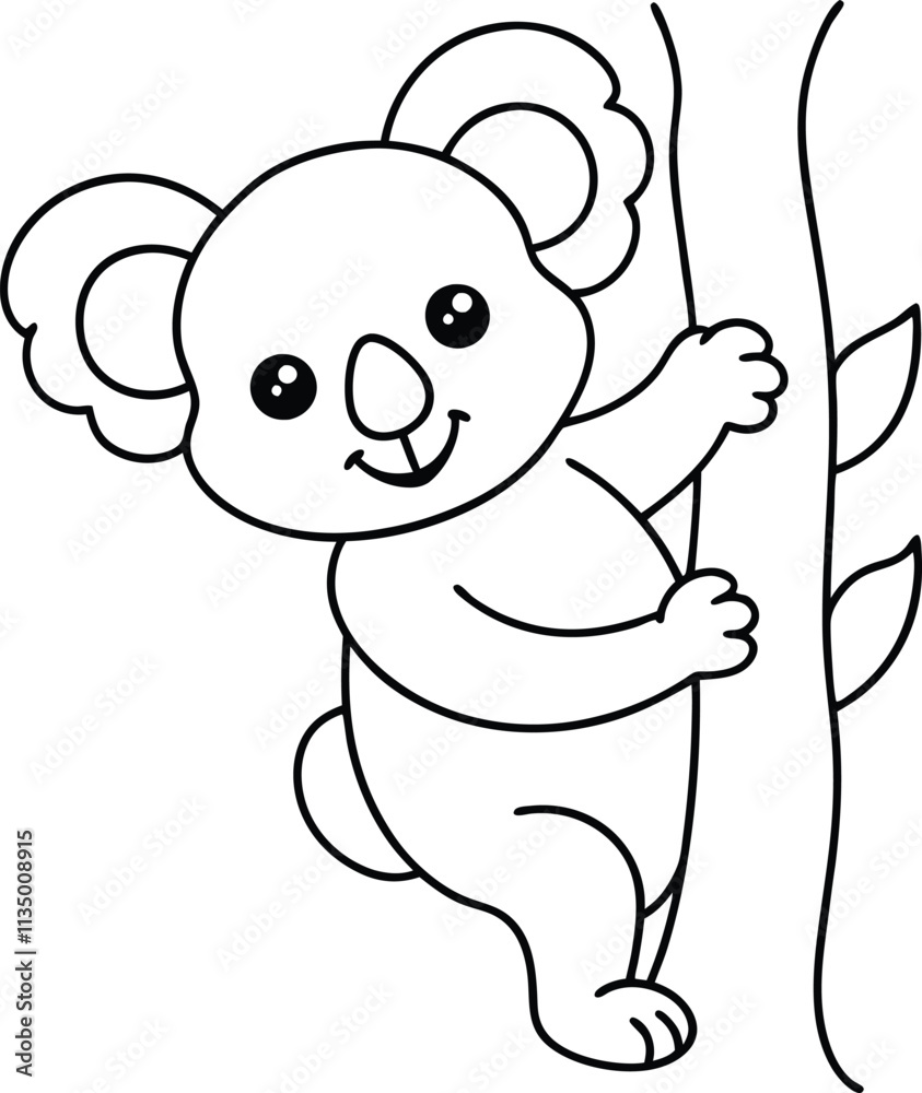 Adorable Koala Bear Cub Climbing Eucalyptus Tree Outline Adorable Koala Bear Cub Climbing Eucalyptus Tree Outline