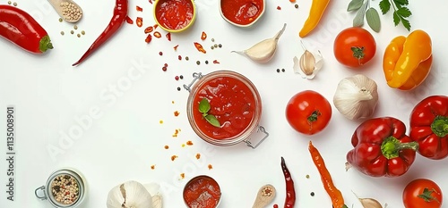 Stylistic shot of tomato sauce, ketchup, and sauces in jars surrounded by vegetables on a white background with copy space. On the right side, there is an array of spices, tomato ketchup and mustard photo