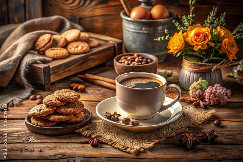 Indulge in a Cozy Moment: A Warm Cup of Coffee Accompanied by Delicious Cookies Perfect for a Relaxing Afternoon Treat or a Charming Café Setting