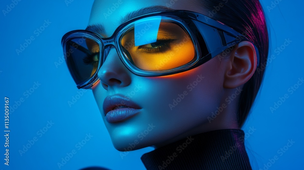 Stylish woman in reflective sunglasses with neon blue lighting