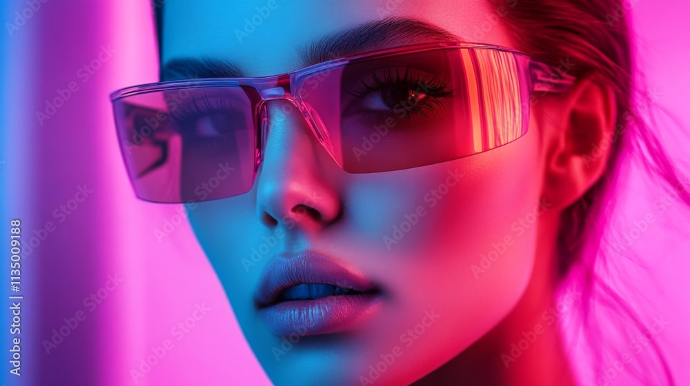 Fashionable young woman in pink sunglasses under vibrant neon lighting Fashionable young woman in pink sunglasses under vibrant neon lighting