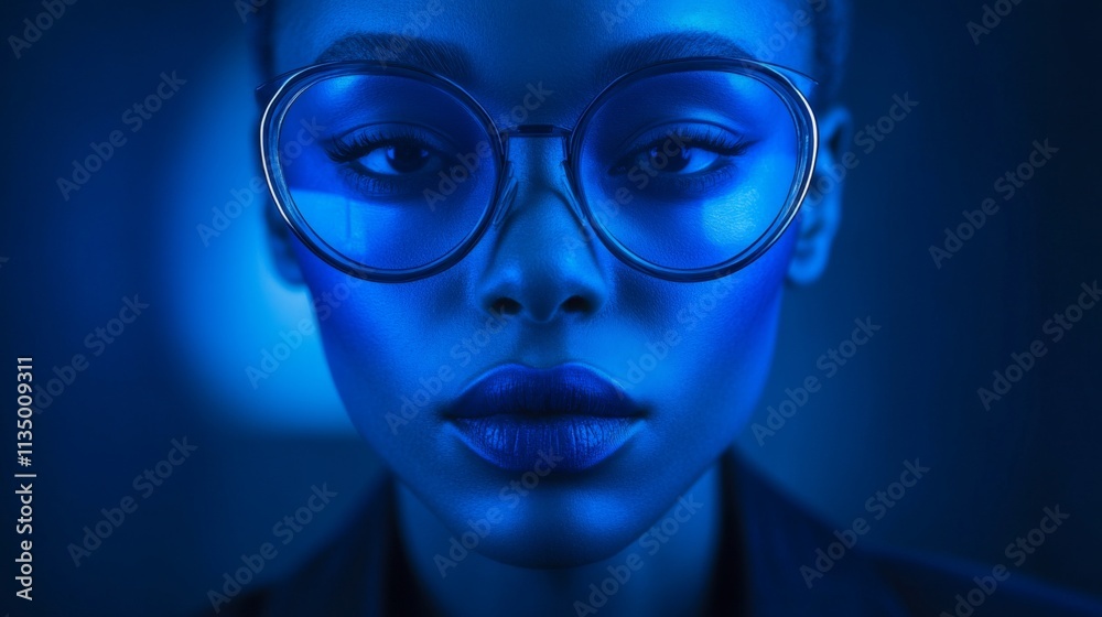 Stylish woman in blue neon glasses under vibrant lighting Stylish woman in blue neon glasses under vibrant lighting