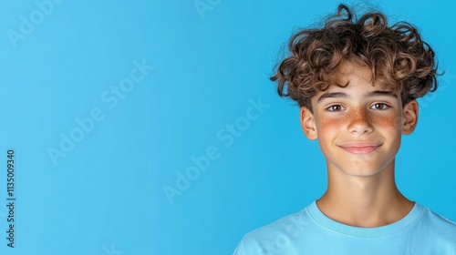 Cheerful Young Man with Curly Hair in Blue Shirt Radiating Warmth and Friendliness