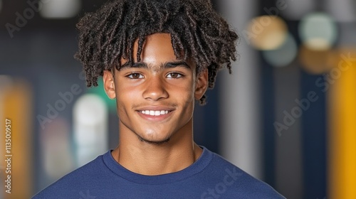 Cheerful Young Man with Curly Hair in Blue Shirt Radiating Warmth and Friendliness