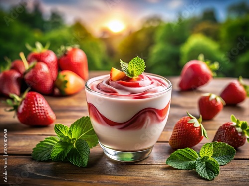 Indulge in the Creamy Richness of Greek Yogurt Swirled with Strawberries and Milk for a Delightful Culinary Experience in a Tilt-Shift Photography Style photo