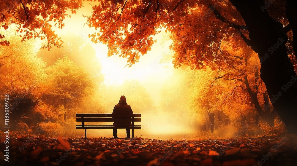 Obraz premium Autumn Solitude: A solitary figure sits on a park bench, enveloped by the warm, golden hues of an autumnal landscape, creating a mood of quiet contemplation.
