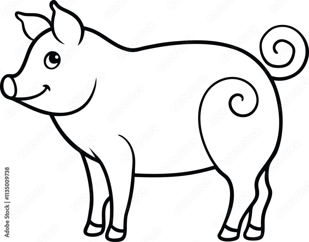 Fototapeta premium Adorable Cartoon Pig, Line Art, Coloring Page, Farm Animal, Swine, Illustration, Happy Piglet, Black