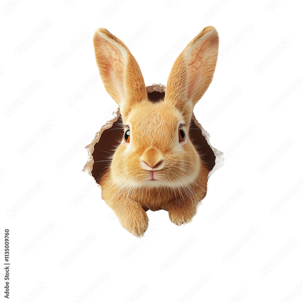 Fototapeta premium A curious rabbit emerges from a hole, displaying its soft fur and alert expression isolated on white background