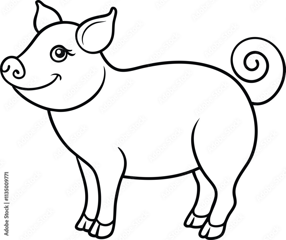 Adorable Cartoon Piglet, Line Art, Black and White, Coloring Page, Farm Animal, Swine, Happy Pig, Si Adorable Cartoon Piglet, Line Art, Black and White, Coloring Page, Farm Animal, Swine, Happy Pig, Si