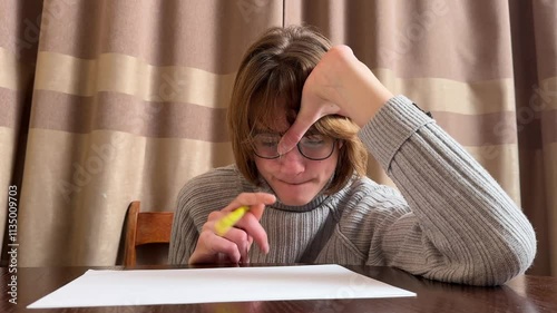 Young artist makes funny faces while struggling to draw, showcasing moments of frustration and determination