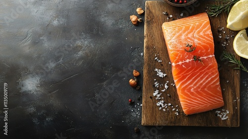 Fresh Pink Salmon Steak on Wooden Board with Lemon and Herbs